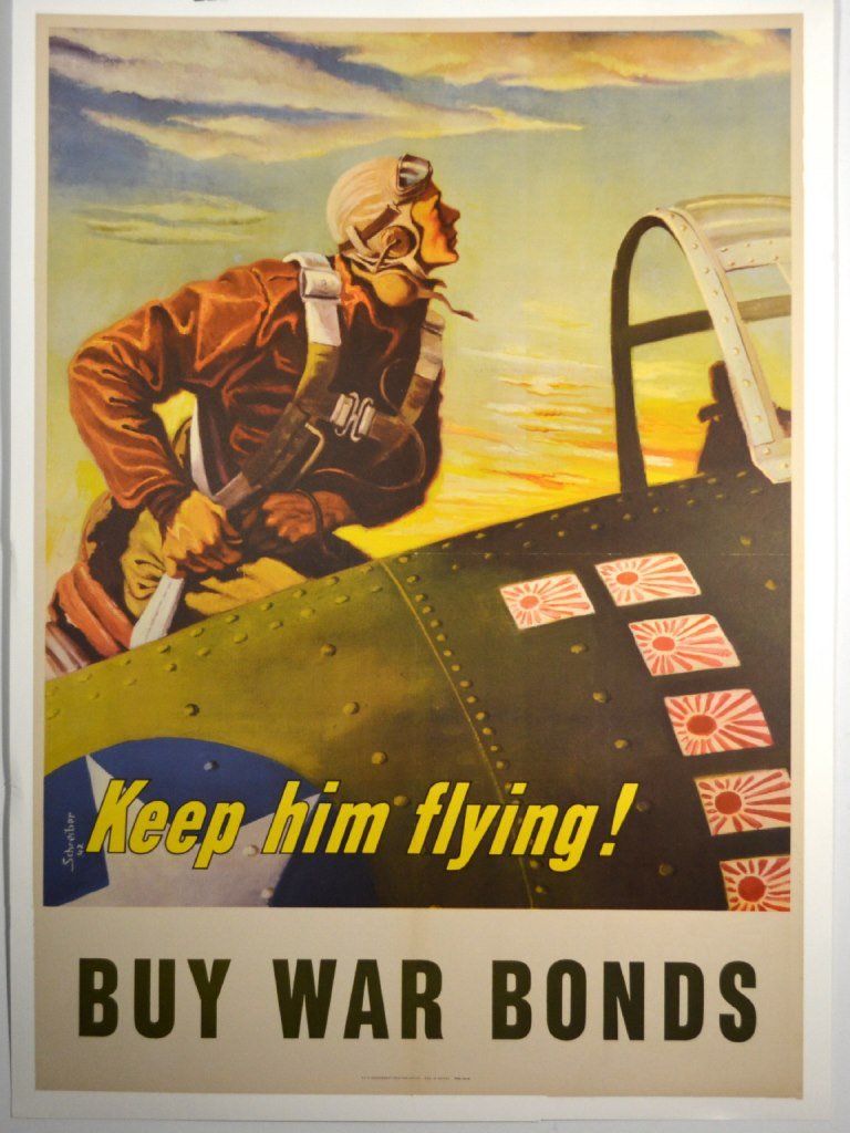 WWII Keep Him Flying, Georges Schreider, Large: Artist: Georges Schreiber Artist Dates: 1904-1977 Signed Within Plate: Yes Date of Work: 1943 Description: In this poster a pilot climbs into his P-40 fighter plane ready to test Hirohito’s best. Si