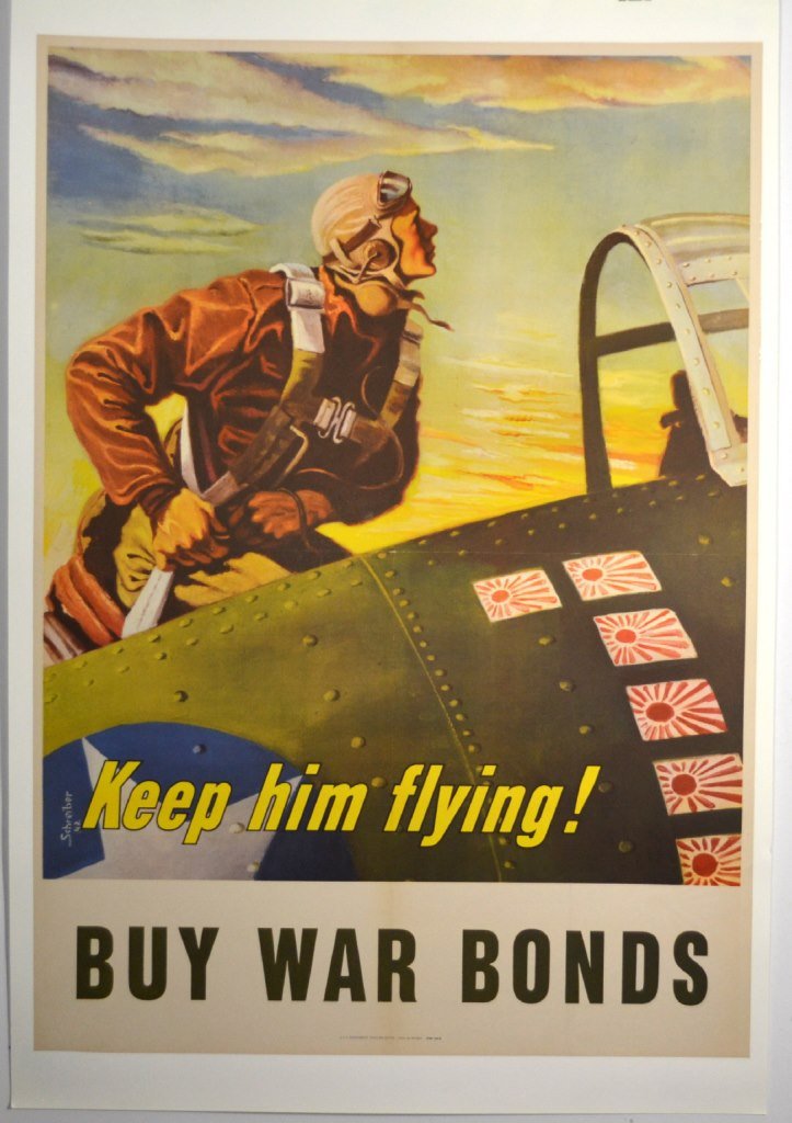 WWII Keep Him Flying, Georges Schreider, Large: Artist: Georges Schreiber Artist Dates: 1904-1977 Signed Within Plate: Yes Date of Work: 1943 Description: In this poster a pilot climbs into his P-40 fighter plane ready to test Hirohito’s best. Si