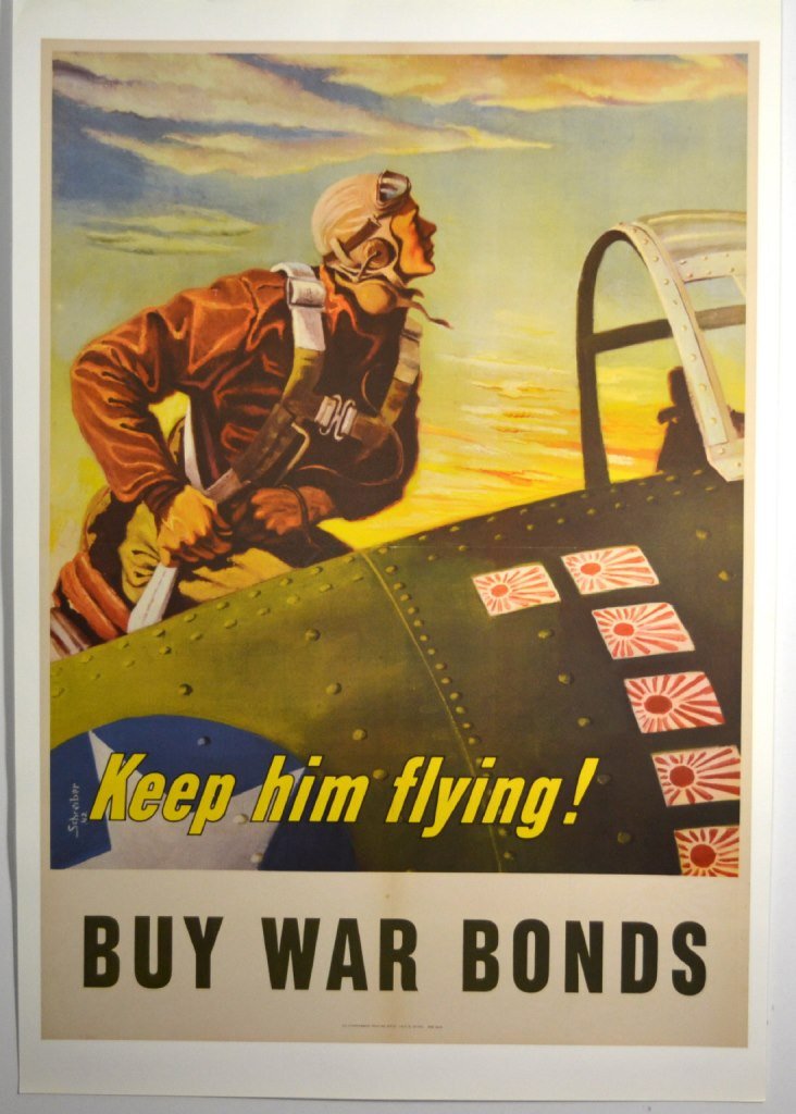 WWII Keep Him Flying, Georges Schreider, Large: Artist: Georges Schreiber Artist Dates: 1904-1977 Signed Within Plate: Yes Date of Work: 1943 Description: In this poster a handsome pilot climbs into his P-40 fighter plane ready to test Hirohito’s