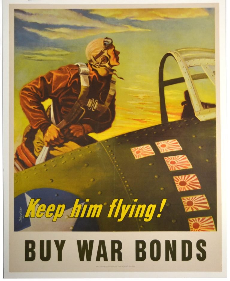 WWII Keep Him Flying, Georges Schreider: Artist: Georges Schreiber Artist Dates: 1904-1977 Signed Within Plate: Yes Date of Work: 1943 Description: In this poster a pilot climbs into his P-40 fighter plane ready to test Hirohito’s best. Si