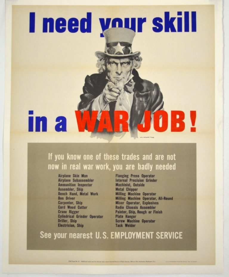 WWII I Need Your Skill, James Montgomery Flagg: Artist: James Montgomery Flagg Artist Dates: 1877-1960 Signed Within Plate: Yes Date of Work: 1943 Description: Original Uncle Sam "I Need Your Skill in a War Job!" World War II poster. Measures 22" x