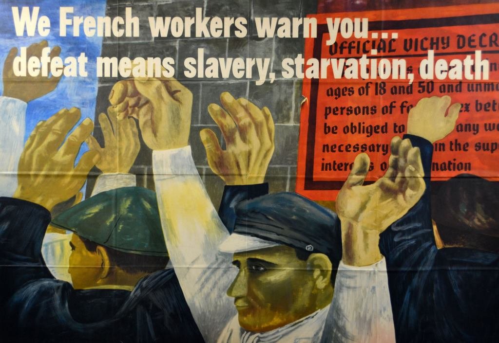 WWII We French Workers Warn You, Ben Shahn: Artist: Ben Shahn Artist Dates: 1898 -1969 Signed Within Plate: Yes Date of Work: 1943 Description: This powerful image depicts a crowd of French working men raising their arms as if under arrest; beh