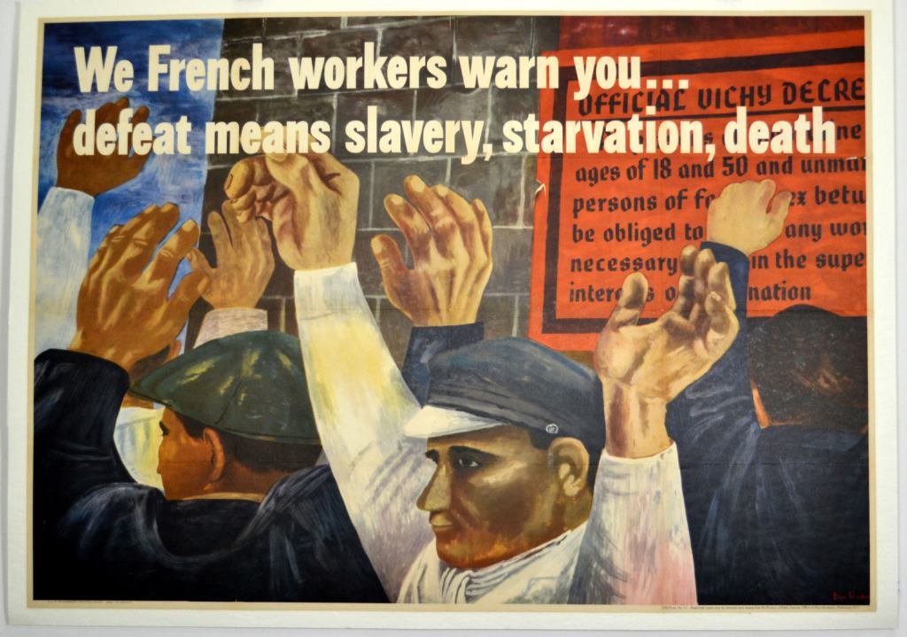 WWII We French Workers Warn You, Ben Shahn: Artist: Ben Shahn Artist Dates: 1898-1969 Signed Within Plate: Yes Date of Work: 1942 Description: crowd of French working men raising their arms as if under arrest; behind them is an official decree