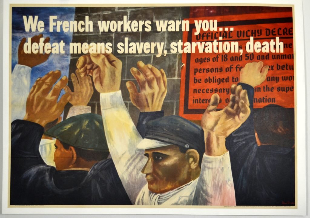WWII We French Workers Warn You, Ben Shahn: Artist: Ben Shahn Artist Dates: 1898-1969 Signed Within Plate: Yes Date of Work: 1942 Description: crowd of French working men raising their arms as if under arrest; behind them is an official decree