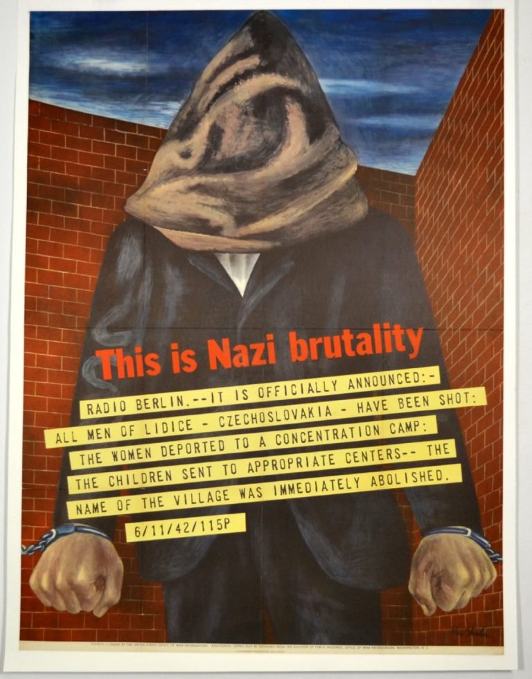 WWI This Is Nazi Brutality, Ben Shahn: Artist: Ben Shahn Artist Dates: 1898-1969 Signed Within Plate: Yes Date of Work: 1942 Description: Shahn depicts an execution-like scene. A man with a cloth sack covering his head is chained at the wr