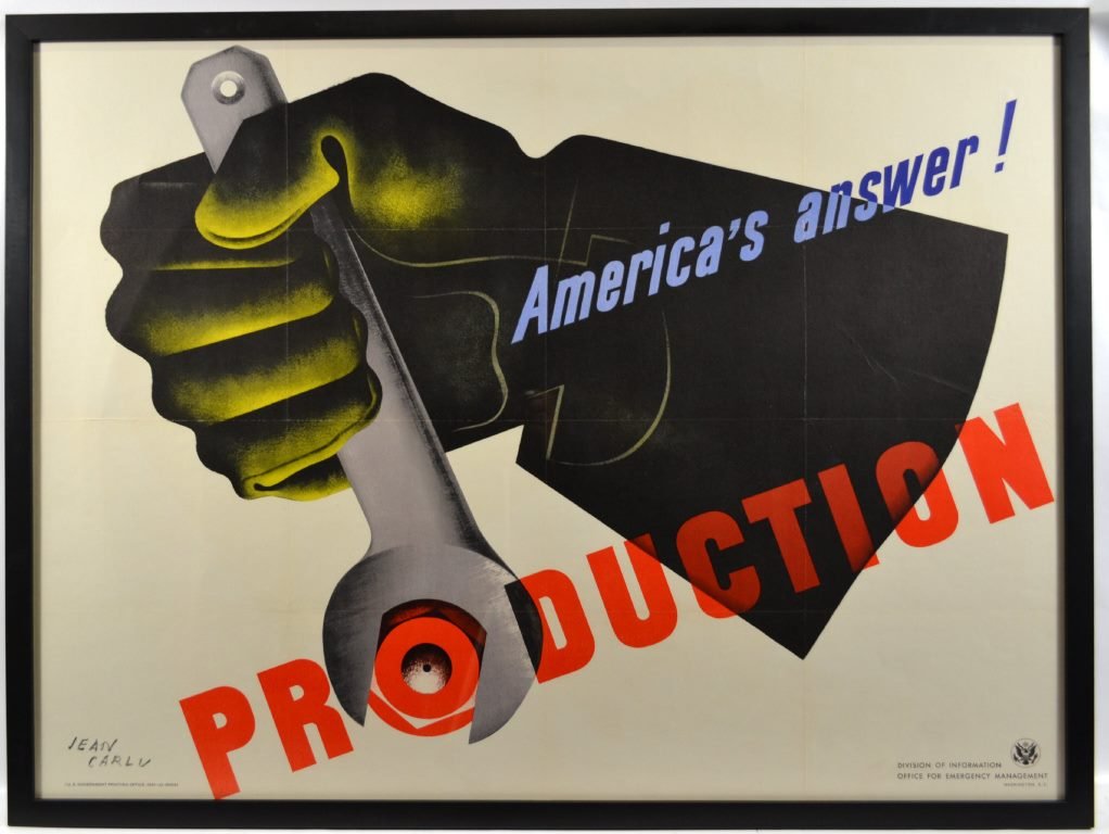 WWII America’s Answer-Production, Jean Carlu: Artist: Jean Carlu Artist Dates: 1900 - 1997 Signed Within Plate: Yes Date of Work: 1942 Description: Truly a classic of modernist WWII poster design, one of the most desirable American posters of the