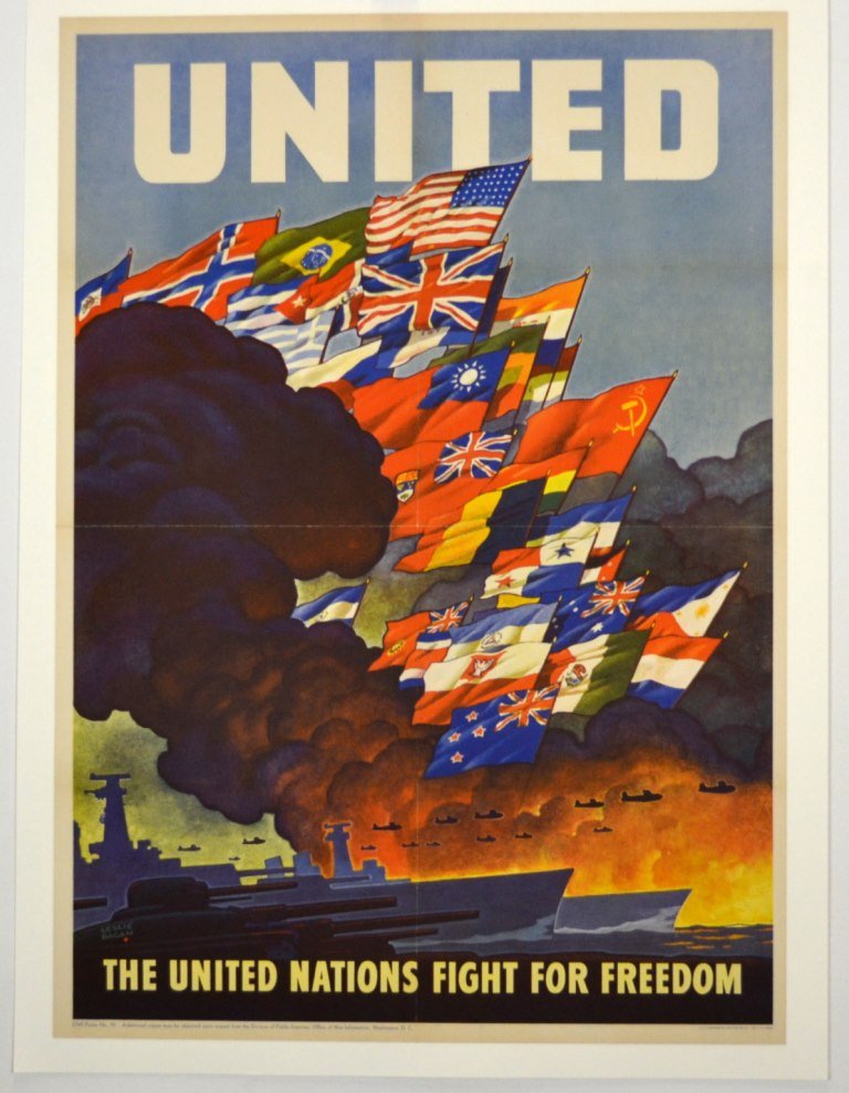 WWII The United Nations Fight for Freedom, Ragan: Artist: Leslie Ragan Artist Dates: 1897 - 1972 Signed Within Plate: Yes Date of Work: 1942 Description: The poster depicts American-made bomber aircraft, ships, and tanks charging into the light above