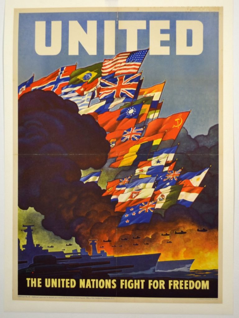 WWII The United Nations Fight for Freedom, Ragan: Artist: Leslie Ragan Artist Dates: 1897 - 1972 Signed Within Plate: Yes Date of Work: 1943 Description: The poster depicts American-made bomber aircraft, ships, and tanks charging into the light above