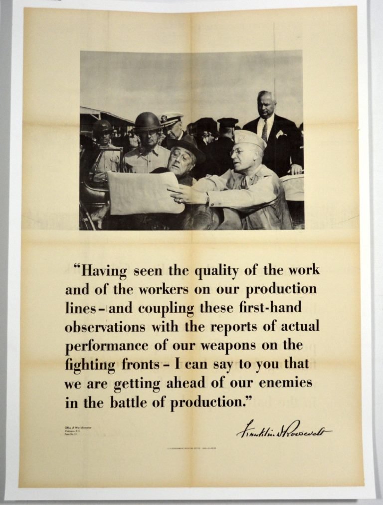 WWII FDR Photo & Quote: Artist: Anonymous Artist Dates: Unkown Signed Within Plate: None Date of Work: 1942 Description: The photographic image features Roosevelt seated in a car, surrounded by generals and other military of