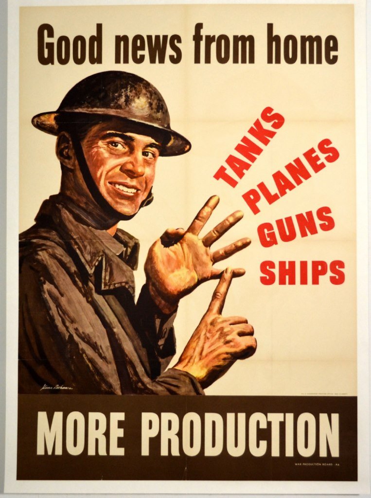 WWII Good News From Home, Tanks, Planes, Guns,etc: Artist: Stevan Dohanos Artist Dates: 1907-1994 Signed Within Plate: Yes Date of Work: 1942 Description: Poster shows a soldier in a brown uniform and helmet. He holds up his hand with four fingers spl