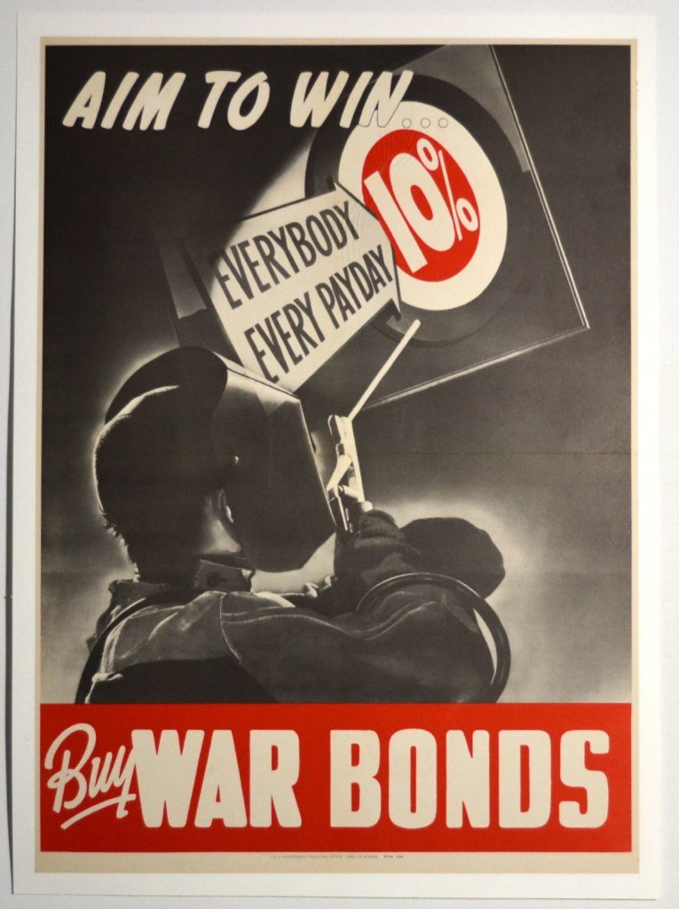 WWII Aim To Win Everyday Every Payday: Artist: Anonymous Artist Dates: Unknown Signed Within Plate: None Date of Work: 1942 Description: A Welder in a mask aims a welding gun at 10% bull’s-eye target motif. This poster was produced to in