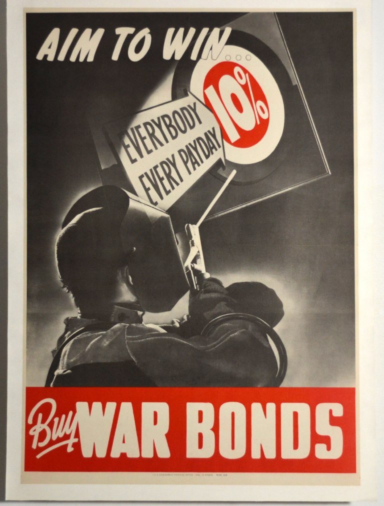 WWII Aim To Win Everyday Every Payday: Artist: Anonymous Artist Dates: Unknown Signed Within Plate: None Date of Work: 1942 Description: A Welder in a mask aims a welding gun at 10% bull’s-eye target motif. This poster was produced to in