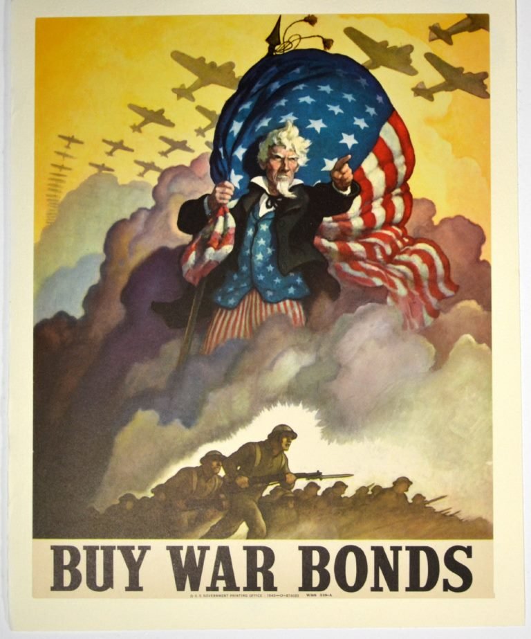 WWII, Buy War Bonds, Uncle Sam, N.C. Wyeth: Artist: Newell Convers Wyeth Artist Dates: 1882 -1945 Signed Within Plate: Attributed N.C. Wyeth Date of Work: 1942 Description: This stirring image by famed illustrator N.C. Wyeth used loaded cultura