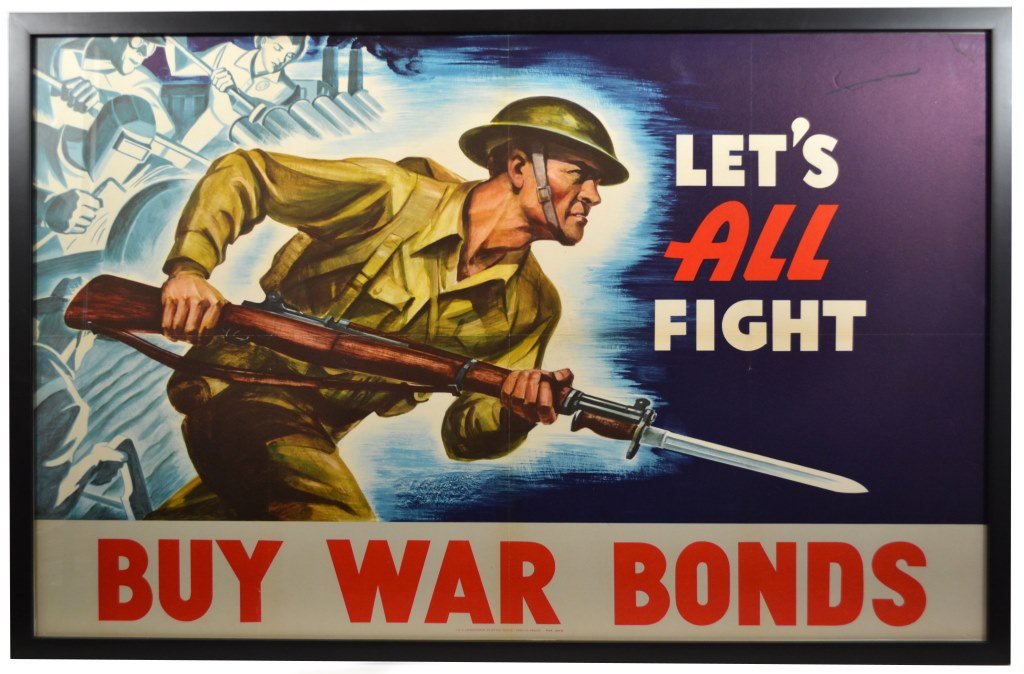 WWII Let's All Fight Buy War Bonds, Framed: Artist: Anonymous Artist Dates: N/A Signed Within Plate: No Date of Work: 1942 Description: In the foreground of this iconic poster is a large color image of a strong and powerful soldier lunging forw