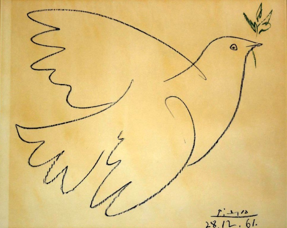 Lithograph, Picasso "La Paloma," D. 1961: Title: La Paloma Artist: Picasso Description: Lithograph depicts "La Paloma" or dove. Date: D. 1961 Frame: Brass Framed Size: 27"H x 32"W x 1"D Work Size: 19"H x 24"W Weight: 11 lb Condition: No notab