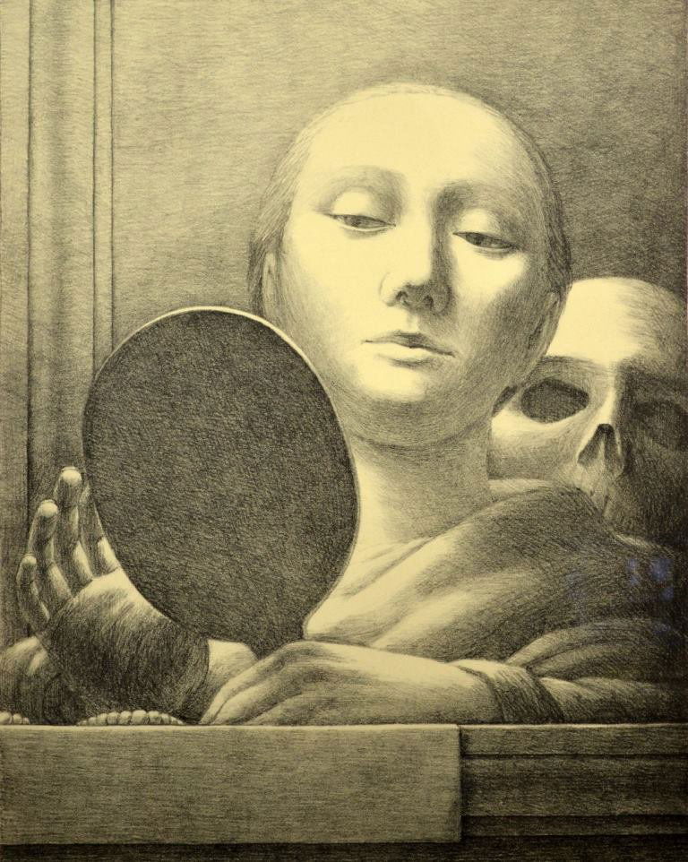 Lithograph "The Mirror" by George Tooker: Title: The Mirror Artist: George Clair, Jr. Tooker (1920 - 2011) Description: Drawing depicts a woman at her vanity with a skull over her shoulder. Signed George Tooker and numbered 117/125. Date: 20t