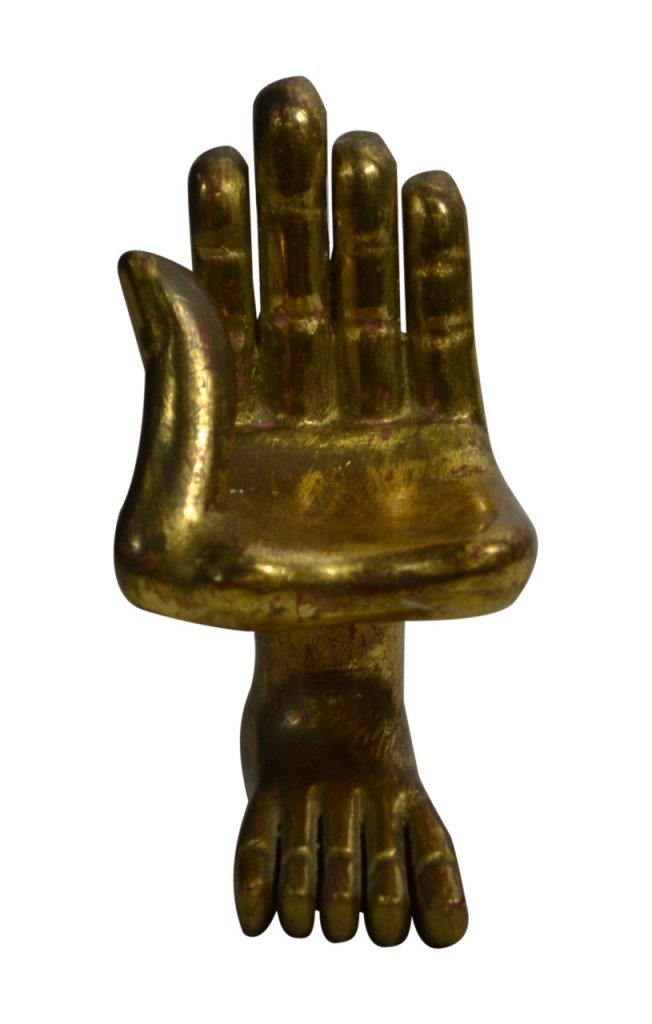 Carved wood, Friedeberg, foot/hand Gilt, 4.5": Foot Hand Age: 20th C Materials: Wood Marks: Pedro Friedeberg Country of Origin: Mexico Description: Gilded Foot and Hand Size: 4.5 "H x 2.5"W x 2.5"D Weight: < 1lb Condition: Light discoloration on g