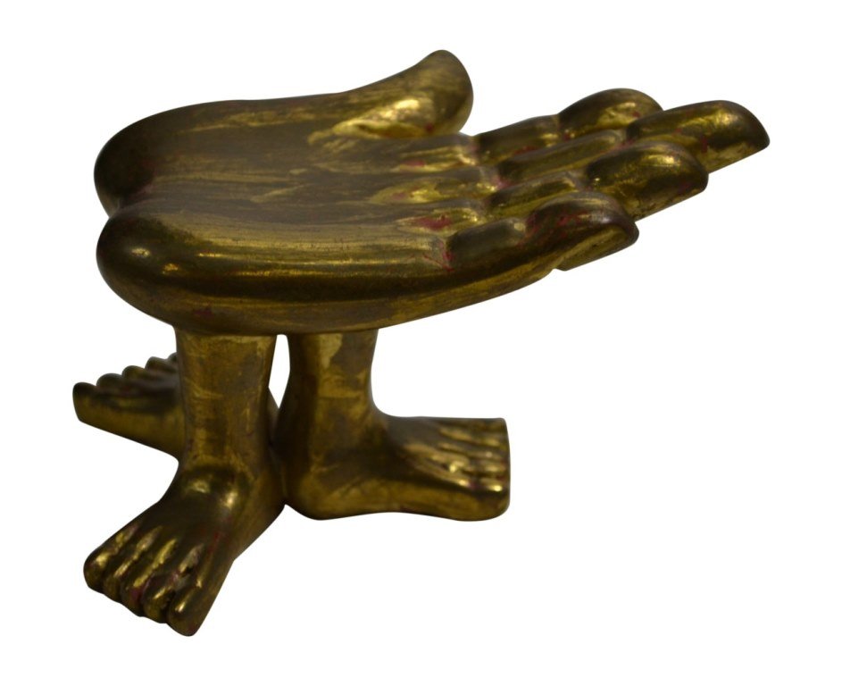 Carved Wood, Friedeberg, 3 feet/hand, 3": 3 Feet/ Hand Age: 20th C Materials: Wood Marks: Pedro Friedeberg Country of Origin: Mexico Description: Gilded 3 Feet and 1 Hand Size: 2.5"H x 3"W x 4.5"D Weight: < 1LB Condition: Light discoloration