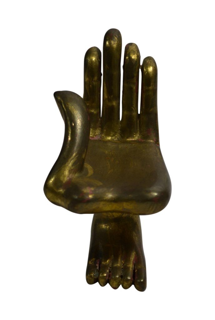 Carved wood, Friedeberg, foot/hand 3.75": Foot/Hand Age: 20th C Materials: Wood Marks: Pedro Friedeberg Country of Origin: Mexico Description: Carved wood with gilded foot and hand Size: 4"H x 2.5"W x 2.5"D Weight: < 1lb Condition: Light disc