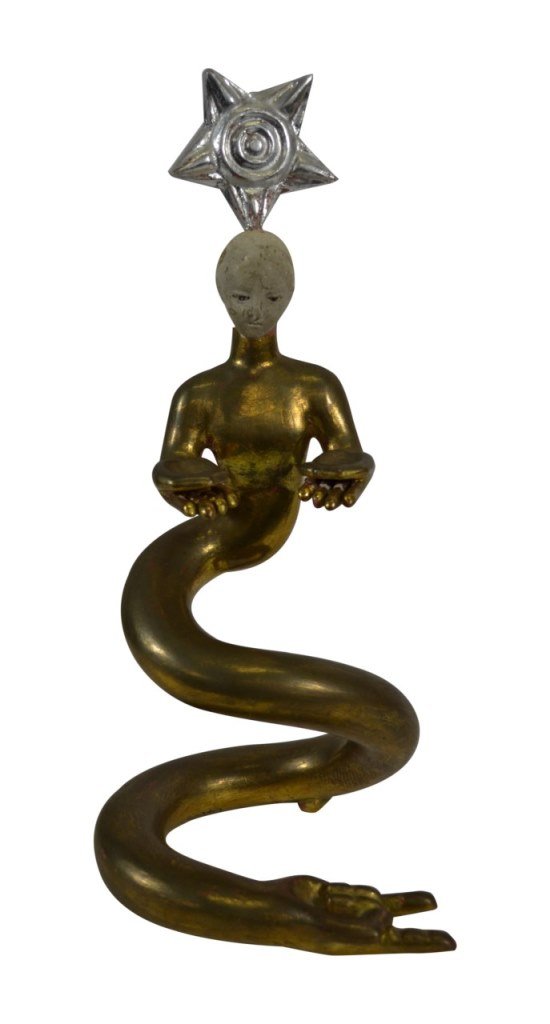 Friedeberg, Woman w/Circular Table & Star, 11.5": Figure Age: 20th C Materials: Wood Marks: Pedro Friedeberg Country of Origin: Mexico Description: Gilded figure with circular base and silver star above head by Pedro Friedeberg Size: 11.5"H x 5"W x 5