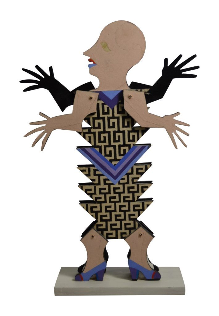 Friedeberg, Woman w/Articulated Arms, 14.5": Woman Age: 20th C Materials: Wood Marks: Pedro Friedeberg Country of Origin: Mexico Description: Wooden sculpture of woman with articulated arms, painted with abstract design on front. Size: 14.5"H x