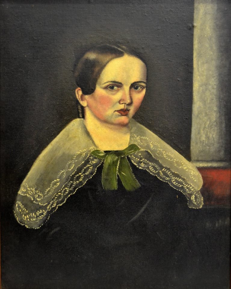 O/C Folk Art "Portrait of a Woman" c. 1840: Medium: Oil Support: Canvas Artist: Anonymous Artist Dates: Unknown Country of Origin: American Title & Description: Painting depicts a portrait of a woman with a white column behind. Signature: Unsig