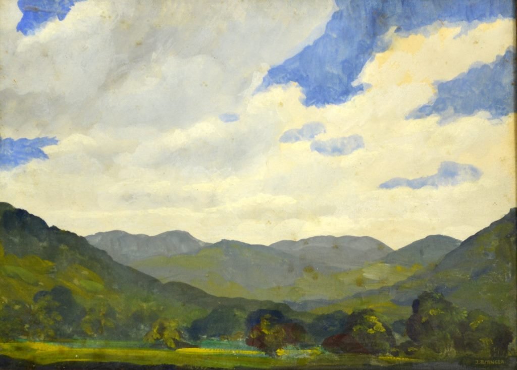 W/CG on Paper "Bearsville, NY" by J. Asanger: Medium: Watercolor & gouache Support: Paper Artist: Jacob Asanger Artist Dates: 1887 - 1941 Country of Origin: United States of America Title & Description: Painting depicts a landscape scene in Bears
