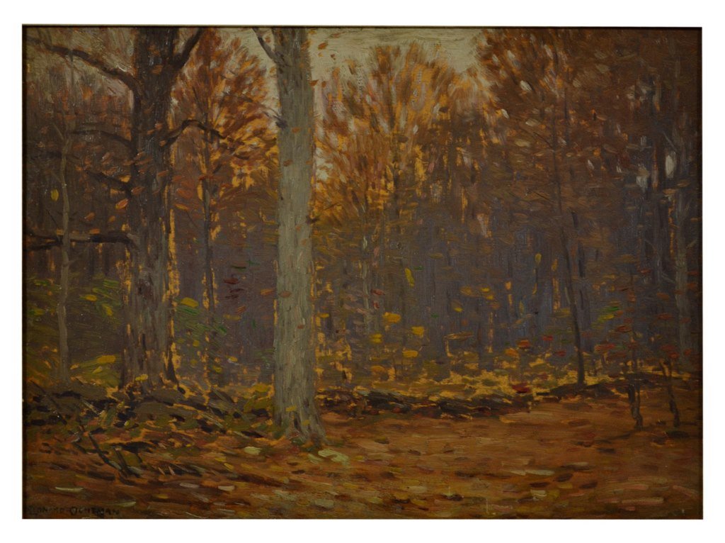 O/B 'Stone Wall' by Leonard Ochtman c. 1900: Medium: Oil Support: Canvas Artist: Leonard Ochtman Artist Dates: 1854 - 1934 Country of Origin: Danish/American Title & Description: Painting depicts an autumn scene with stone wall in his moody impr