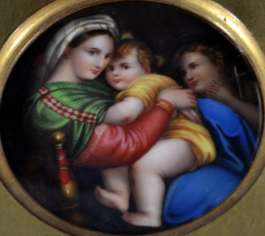 Plaque, after Raphael Sanzia, Madonna Della Sedia: Medium: Oil Support: Porcelain Artist: After Raphael Sanzia Country of Origin: Italy Title & Description: Italian hand painted porcelain plaque of Madonna Della Sedia, after Raphael Sanzia. Stamp on b