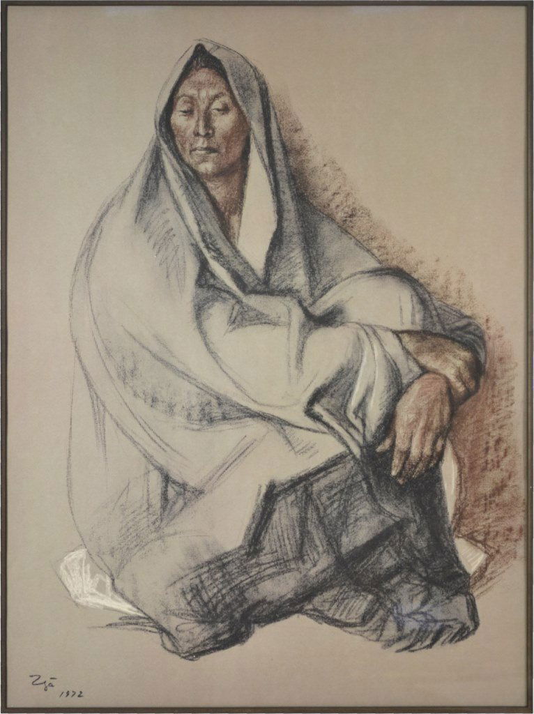 Chalk/Pastel on Paper by F. Zuniga, Woman, 1972: Medium: Chalk/Pastel Support: Paper Artist: Francisco Zuniga Artist Dates: 1912-1998 Country of Origin: Costa Rica Title & Description: Seated woman, chalk pastel on paper by Francisco Zuniga, protect