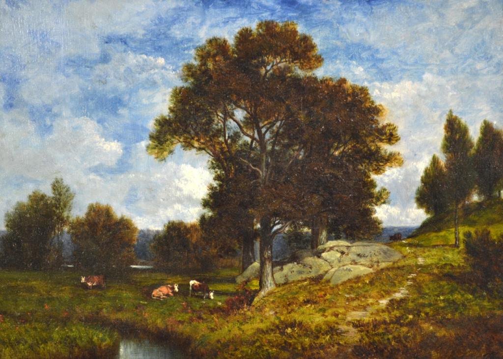 O/C "Scene in the Bronx" by David Johnson: Medium: Oil Support: Canvas Artist: David Johnson Artist Dates: (1827 - 1908) Country of Origin: United States Title & Description: "Scene in the Bronx" depicts cattle in a landscape with a stream win