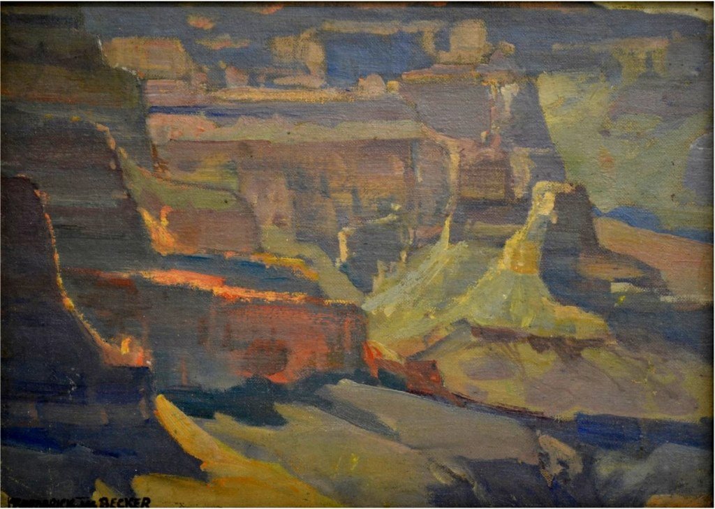 O/C 'Grand Canyon' by Frederick William Becker: Medium: Oil Support: Canvas Artist: Frederick William Becker Artist Dates: 1888 - 1974 Country of Origin: United States of America Title & Description: Painting depicts the Grand Canyon employing a mu