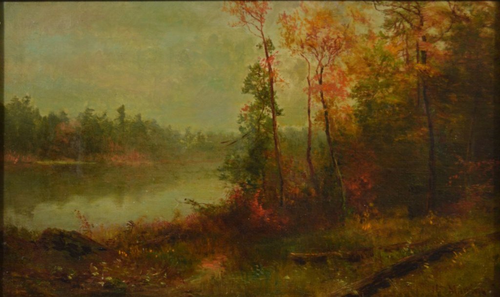 O/C "Autumn Lake Scene" by Homer Dodge Martin: Medium: Oil Support: Canvas Artist: Homer Dodge Martin Artist Dates: 1836 - 1897 Country of Origin: United States of America Title & Description: Painting depicts an autumn scene near a lake. Signatur