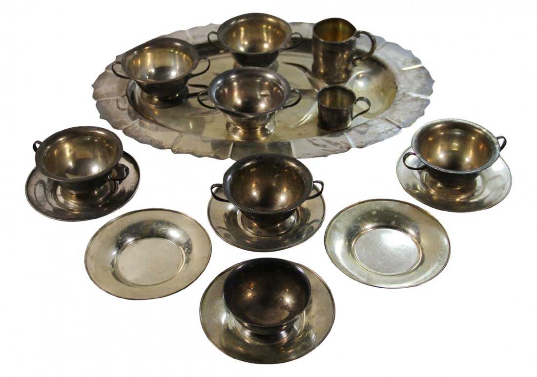 Tea Set, Sterling Silver, Frank W. Smith, 60 oz.: Form: Tea Set Makers Mark: Frank W. Smith Silver Co. Country of Origin: United States Other Marks 3607 Decoration: The tray on which these cups and saucers are served displays a leaf-design. The cente