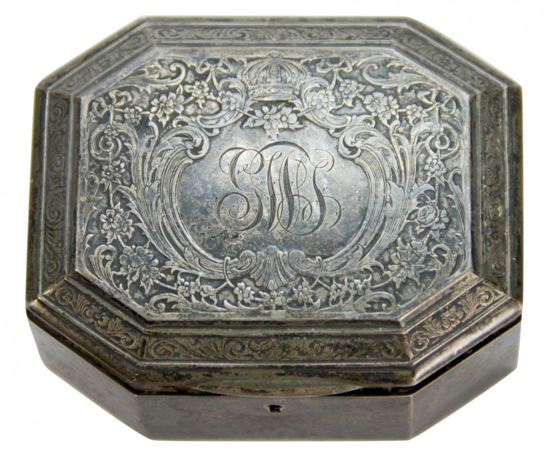 Silver Jewelry Box & Key, Jaccard & Co.: Form: Jewelry Box and Key Makers Mark: Mermod Jaccard & King Co. Country of Origin: United States Other Marks Monogrammed Initials Decoration: Fern and flower engravings swirl around monogrammed initi