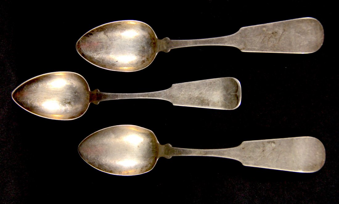 James P. Steele, NY, Coin Silver Spoons 1830-60: Form: Spoons Makers Mark: Jas. P. Steele Country of Origin: United States Other Marks None Decoration: Each of the three spoons are elegantly designed, but simple in form. The bowl of the spoon comes 