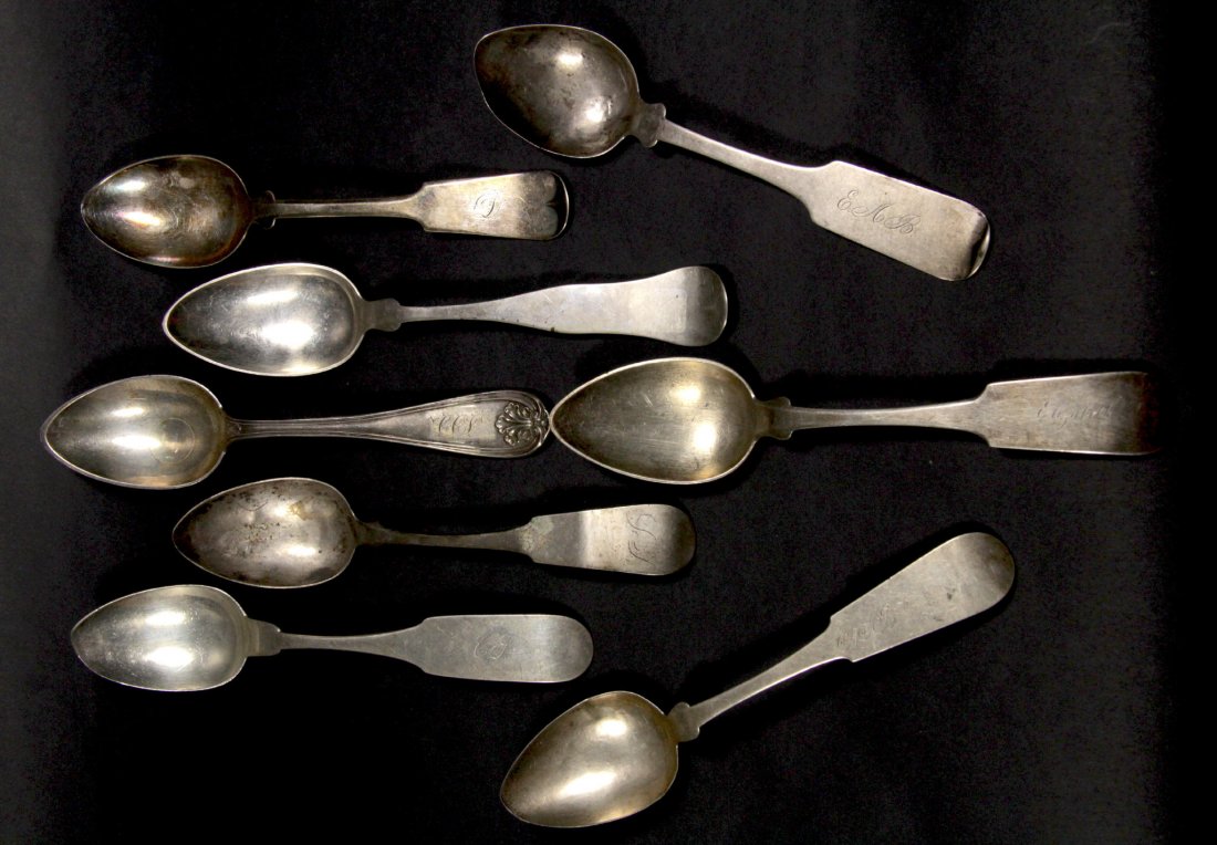 Silver Spoon Collection, North East, 19th C.: Form: Spoons Makers Mark: Stockton&Fuller, Webster&Price, Country of Origin: United States Other Marks Storrs&Cooley, Holmes, Booth, & Hayden Decoration: These spoons all possess a typical egg-shaped 