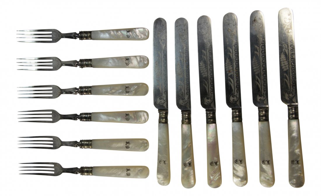 Mother of Pearl Silverware, Hand Engraved: Pearl handled silverware Age: C. 1900 Maker: Unknown Materials: Mother of Pearl, Silver Construction: Hand engraved silver, carved pearl Description: This set of six knives and six forks all possess m