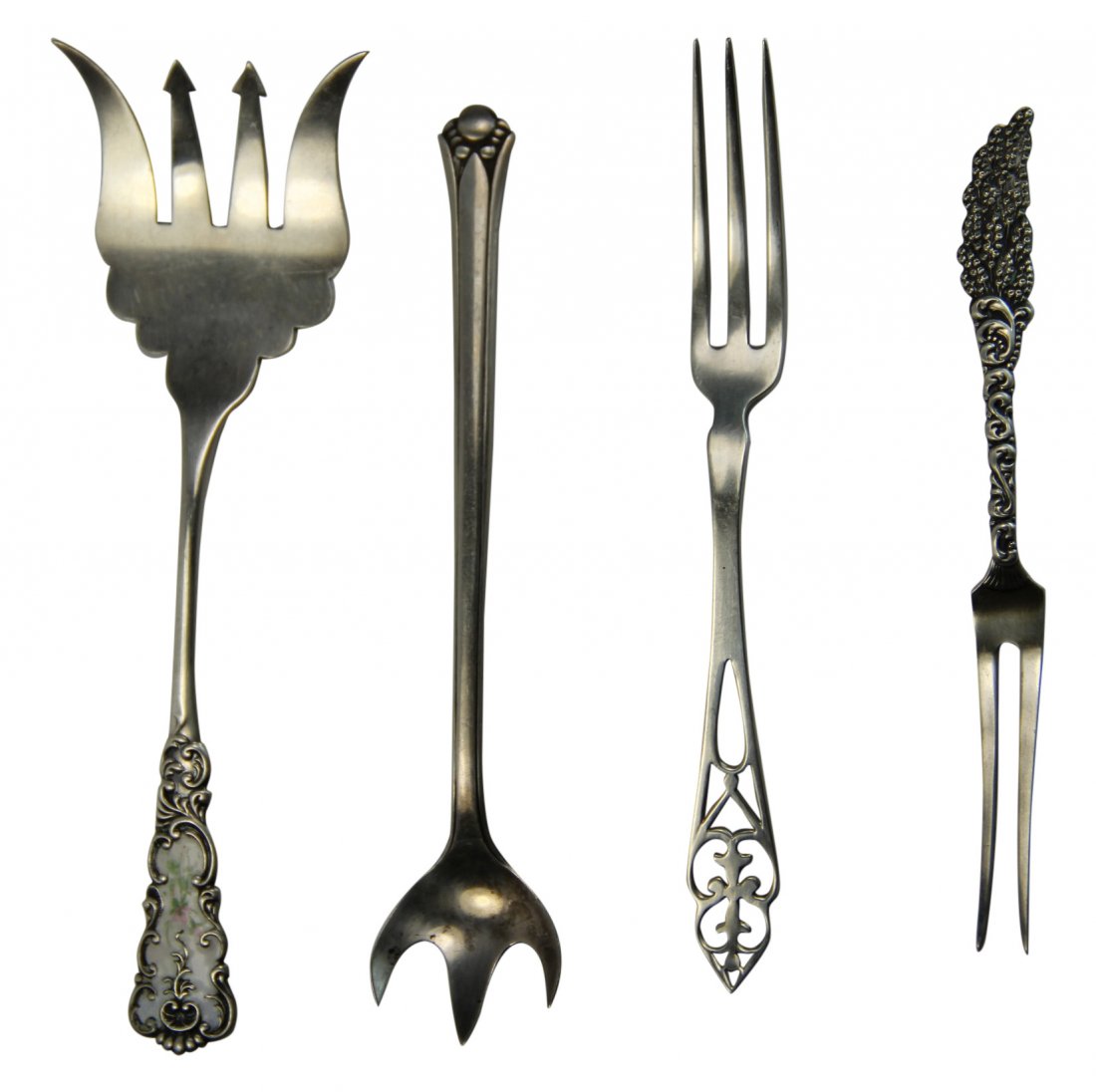 Sterling Silver Forks (4), 1.4oz: 4 silver forks Age: 19-20th C. Maker: Watson Company Materials: Silver Construction: Cast silver Description: Ranging from two to four prongs, these forks are made to serve a variety of purposes. Thei