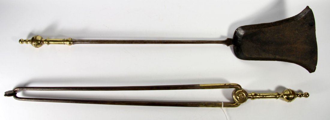 Pair of Fire Tools, R. Whittingham Jr.,c.1800: Form: Pair of fire tools Material: Brass Marks: Signature: R. Whittingham Jr. Construction: Forged Brass Features: This fire shovel and tongs are both made from brass and designed to withstand regular
