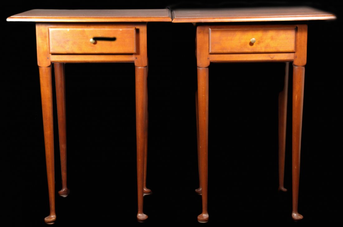 Q.A. Style Stands, Pair, Eldred Wheeler: Pair of Queen Anne Style Tables Wood: Cherry Secondary Wood: Pine Joinery: Mortis and Tenon, dovetailed Features: These completely hand-crafted reproduction Queen Anne tables have chamfered edges, dov