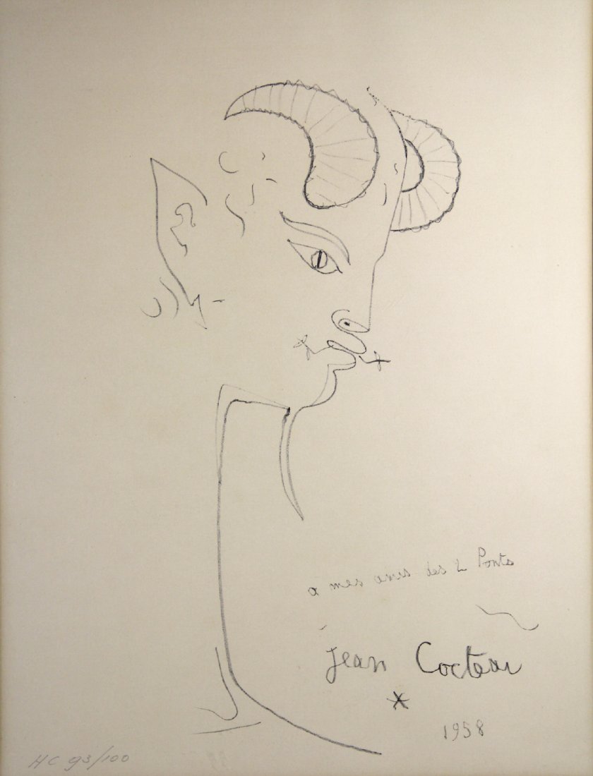 Jean Cocteau, Satyr, 1958, lithograph 93/100: Wax Crayon Drawing Age: 1958 Size: 24.0x18.0" Weight: 7.4lbs Maker: Jean Cocteau Frame/Mat Size: 32.25x26.0" Frame Description: Silvered Wood Provenance: Putnam County Estate Description: This image d
