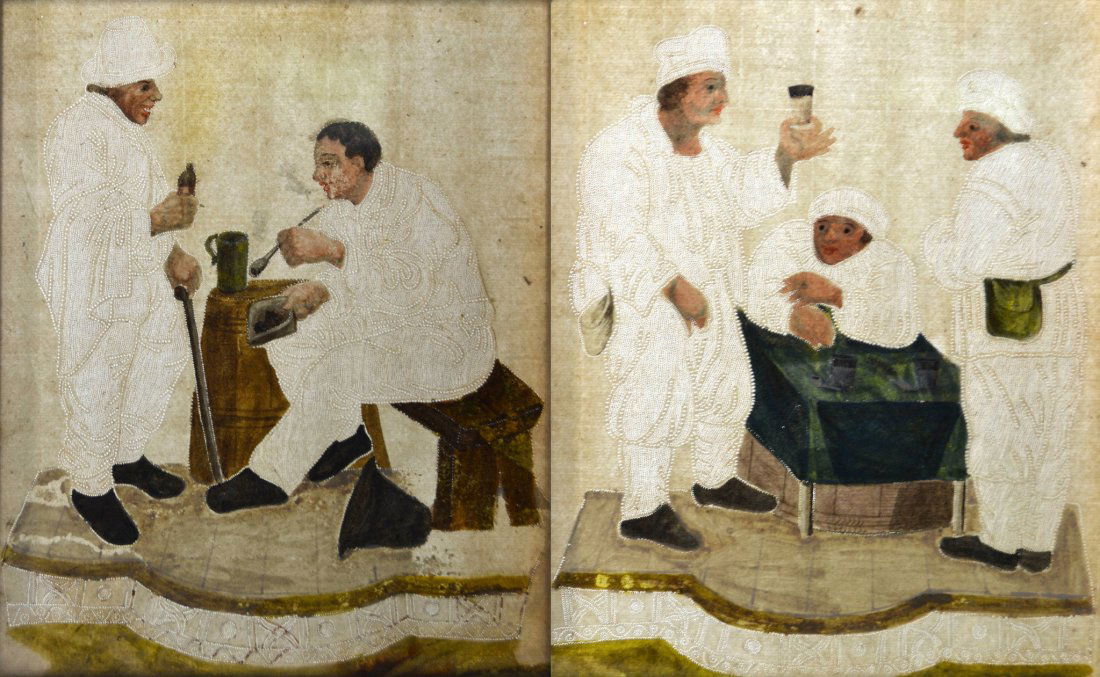 Pr. Pin Prick on Paper, Tavern scenes, 17/18th c.: W/C/G/ Pinprcik on Paper Age: Likely 17th century Size: 10 x 8" Weight: 4 pounds both Maker: Likely Dutch School Frame/Mat Size: 11.5 x 9.75" Frame Description: Late 19th century Description: Both sce