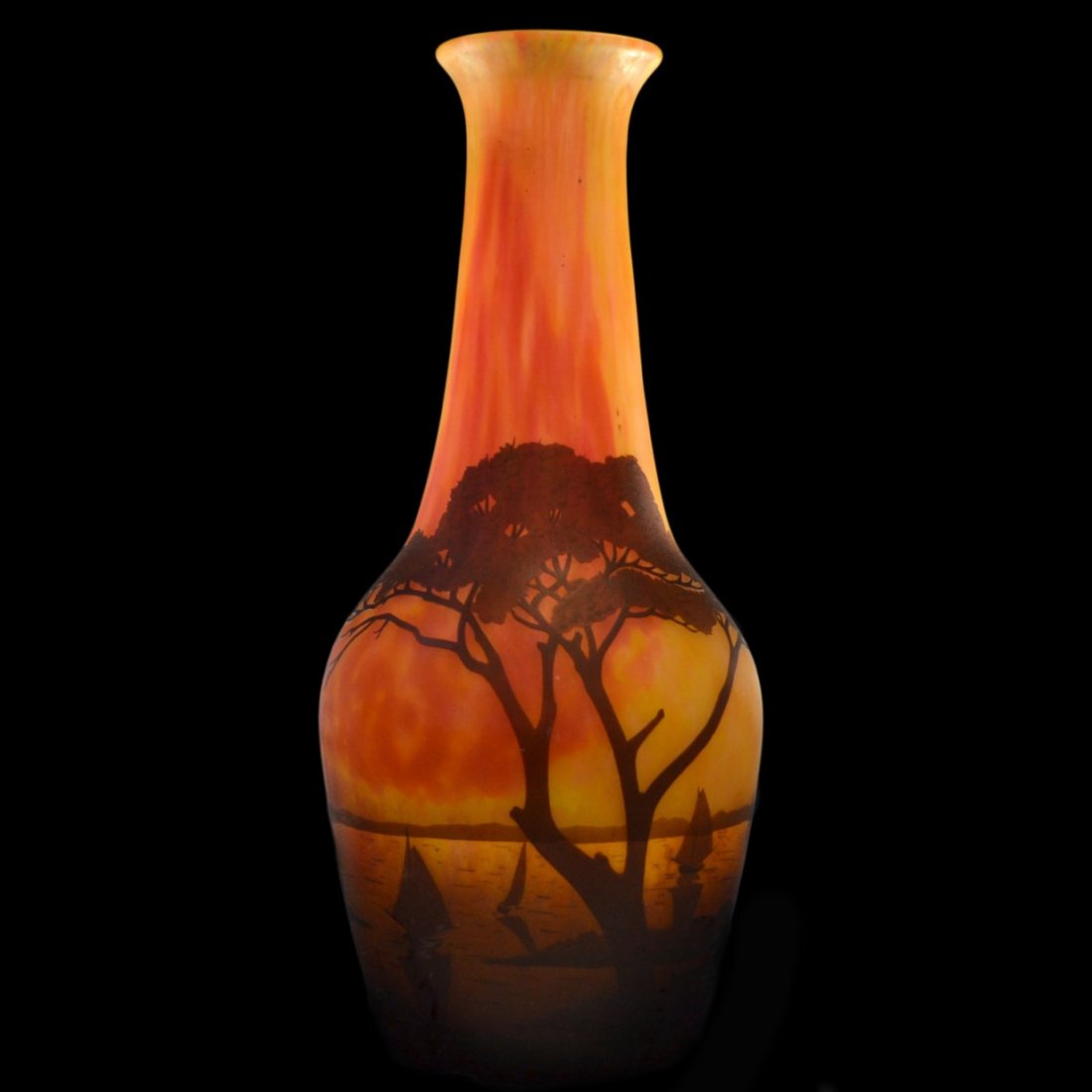 17" H. Vase, Art Glass, Nancy Daum: Form: Vase Decoration: Decorated with deep plum tree and lake scene with sailing ships. Marked "Daum Nancy" Date: Early 20th Century Provenance: Patricia Berten Gr. Grandmother Size: 17" H x 7" W x 7"