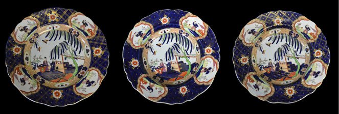 2 bowls & Plate, John Ridgeway Ironstone, C.1830: Form: 2 bowls & plate Components: Hard paste Decoration: Two bowls and plate depict oriental scenes with figures, willow trees, and flowers. Gilt highlights throughout. Colors: Multi. Blue, white, gre