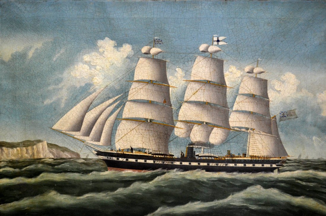 O/C '3 Masted Schooner' by B. Rogers: Medium: Oil Support: Canvas Country of Origin: Great Britain Title & Description: Depicts a 3-Masted Ship in front of the White Cliffs of Dover. The vessel flies two British flags. Canvas verso has an