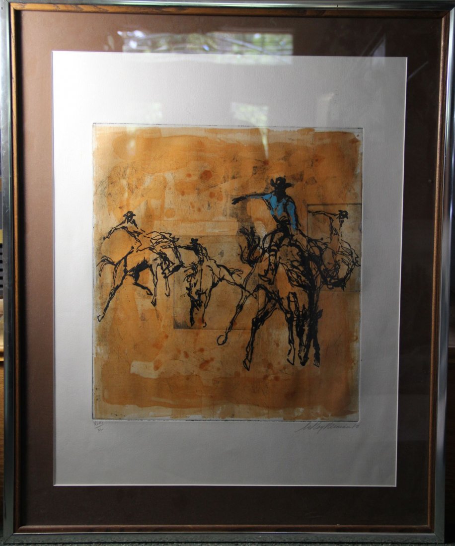Etching, "Rodeo," LeRoy Neiman, 1980: Medium: Etching/Paper Support: Paper Artist: LeRoy Neiman Artist Dates: 1921-2012 Country of Origin: United States Title & Description: "Rodeo"This seldom come to market etching(not the typical serigr