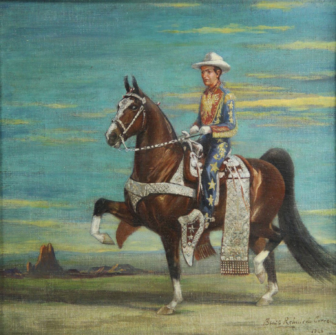 O/C Hacenado on Walking Horse,1925, B. R. Carrea: Medium: Oil Support: Canvas Artist: Benito Rebolledo Correa Artist Dates: 1880-1964 Country of Origin: Chile Title & Description: Hacendados mounted on a high Walking Horse fully adorned in silver thr