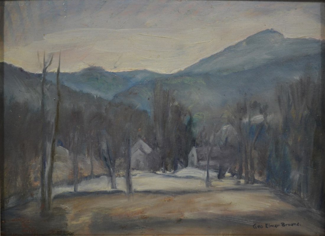 O/B Winter Landscape by George Elmer Browne: Medium: Oil Support: Board Artist: George Elmer Browne Artist Dates: 1871 - 1946 Country of Origin: United States of America Title & Description: Painting depicts a landscape with small buildings and 