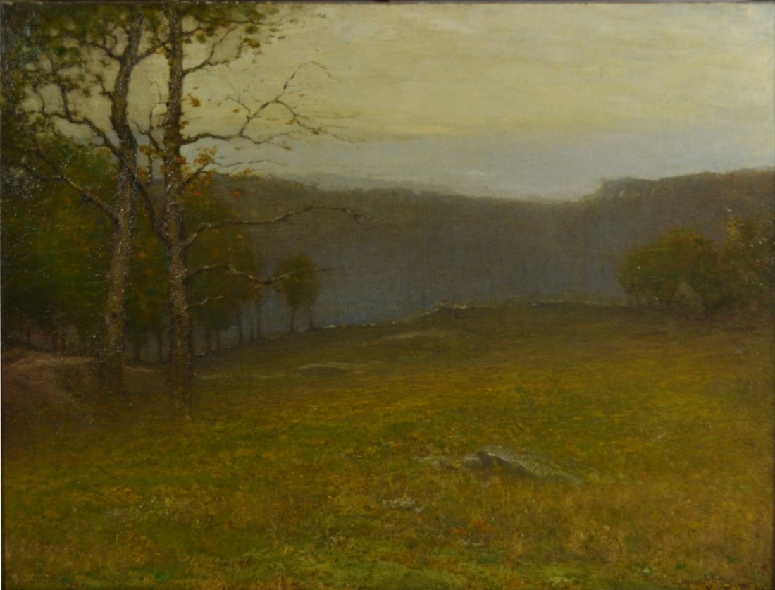 O/C "Landscape" by Cullen Yates: Medium: Oil Support: Canvas Artist: Cullen Yates Artist Dates: 1866 - 1945 Country of Origin: United States of America Title & Description: Painting depicts an American pasture landscape with stone wa
